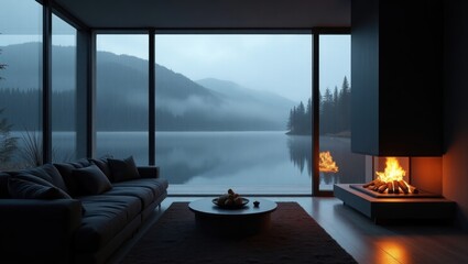 Modern living room with a lake view and a fireplace.