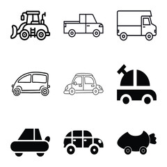 Vector Illustration Set Of Various Vehicles And Cars Outlined In Black And White
