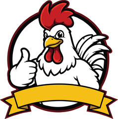 Cartoon chicken mascot showing thumbs up, blank yellow ribbon banner, logo design for poultry farm, restaurant, food branding, sticker use