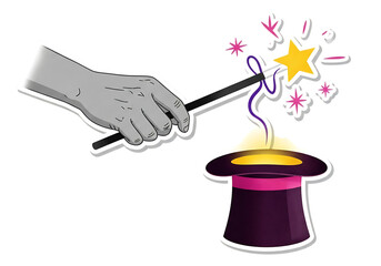 Illustration of a hand performing magic with a wand and a top hat, creating a star and sparks, symbolizing illusion and wonder, isolated on transparent background