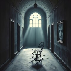Eerie Hallway with Rocking Chair and Sunlight