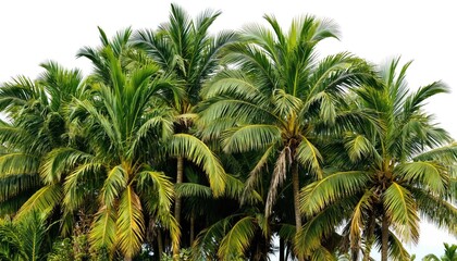Tranquil tropical setting with scattered palm trees in shades of green, yellow. Rough texture adds natural feel, contrasting with light gray background. Low angle shot highlights towering height of