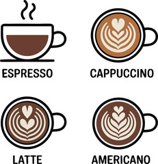 Coffee types icon set espresso, cappuccino, latte, americano.