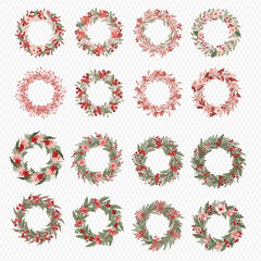 A collection of sixteen hand-painted watercolor wreaths with red and pink flowers, berries, and green leaves.