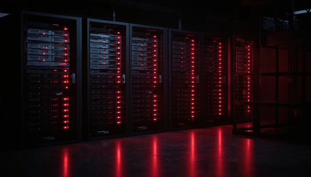 Network of red lights from eight computer servers in 4x4 grid. Modern data center environment with illuminated equipment. Dark background with servers glowing, infrastructure. Perspective from - Powered by Adobe