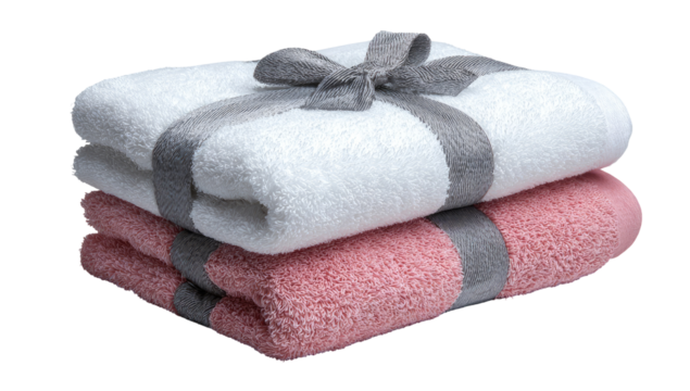 Two stacked, white and blush-pink towels, tied with a gray ribbon