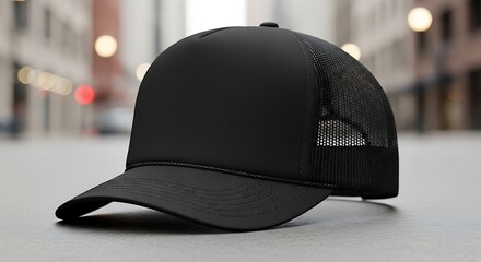 A Black Mesh Baseball Cap in Sharp Focus on a City Street, Fashion-Forward Black Mesh Hat Displayed on an Urban Sidewalk