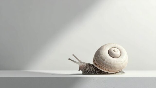 A close-up of a white garden snail on a smooth surface. The snail has a spiral shell and extended tentacles, showcasing its delicate features.