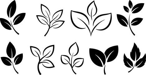 Vector art of set of stylized leaves and branches isolated on white background