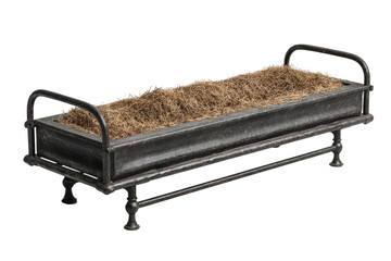 Metal trough filled with hay,  small, rectangular