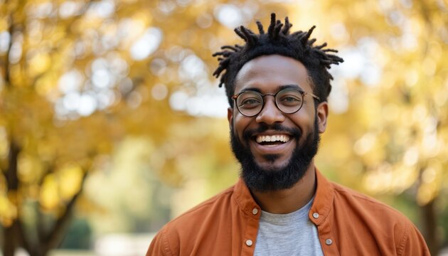 Young black man smiles outdoors in park. He wears orange jacket, glasses, blue shirt, and black beard. Rich trees with yellow leaves and soft overcast sky surround him.
