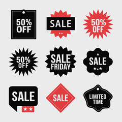 Vector Collection of Black and Red Sale Tags Featuring Discounts and Limited Time Offers for Black Friday Promotions