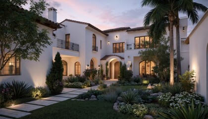 Fototapeta premium Luxurious Mediterranean-style villa with two-story house. White facade, red-tiled floor, balcony, modern second-floor design. Green plants surrounds property with serene night sky, distant stars.