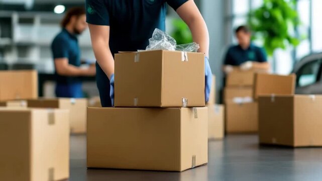 Cardboard boxes stacked in a warehouse. Two workers in blue uniforms are preparing packages for shipment. Green plants are visible in the background.
