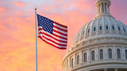 American Flag and Capitol Building: A symbol of democratic ideals under a vibrant sunset sky, evoking a sense of patriotism and governance.