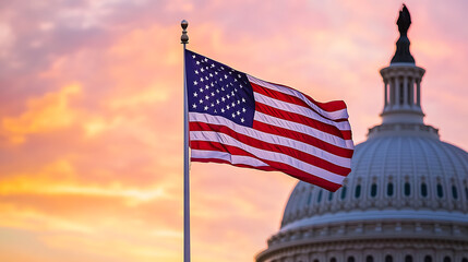 American flag waving against the backdrop of a building dome at sunset, colors of sky include hues of pink and orange, symbol of patriotism and freedom.