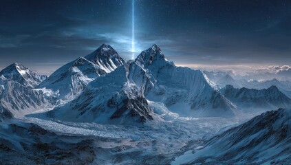 Majestic snow-capped mountains under a starlit sky, a brilliant light beam ascends