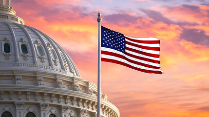 A low angle of a governmental building with the American flag waving in front of a vibrant sunset.