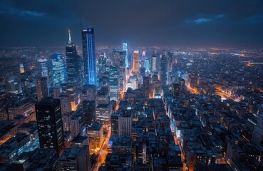 Obraz premium Dubai cityscape at night, vibrant display of modern architecture, buildings with blue, white lights pierce sky, roads, highways crisscross city, urban life, night, lights, glow, dark sky, rich color,