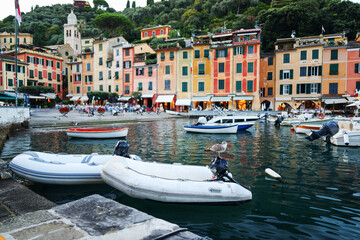 Colorful harbor scene in Portofino, Italy with boats, seagull, and vibrant buildings perfect for travel, summer, and lifestyle themes.