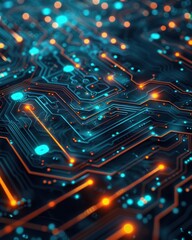 Fototapeta premium Abstract Technology Circuitry with Glowing Blue and Orange Lights