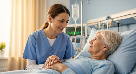Fototapeta premium A nurse in a holding the hand of a patient in a hospital bed, symbolizing care, empathy, and support in a medical setting