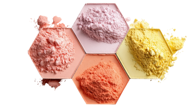 Four hexagonal sections of colorful powders, displayed in a symmetrical pattern.  The powders are shades of pink, peach, orange, and yellow