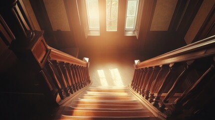 Obraz premium Sunlit Stairway: Ornate Wooden Railings and Radiant Light from Above Windows