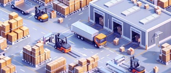Fototapeta premium Modern Warehouse with Forklifts and Delivery Trucks in Action