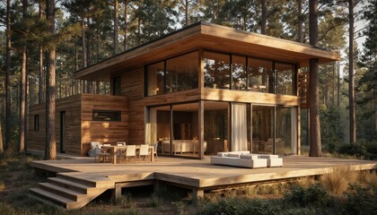 Wooden house in serene forest landscape. Brown wooden cabin with porch, fireplace, stairs. Rich plants surrounds cozy home, clear blue sky above. Tranquil atmosphere, sense of depth.