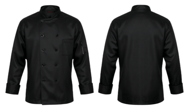 Front and back views of a black chef's jacket with long sleeves and button closure.