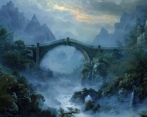 Majestic Mountain Landscape with Ancient Bridge and Misty Valley