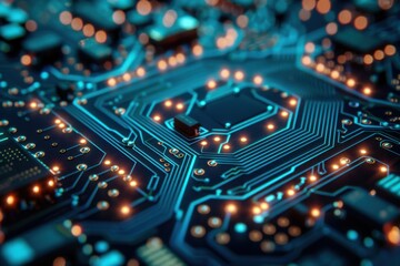 Obraz premium Close-Up View of Circuit Board with Bright Lights and Intricate Design