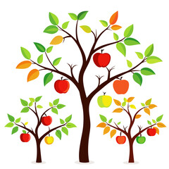 Three stylized trees with colorful apples and leaves in various stages of seasonal change