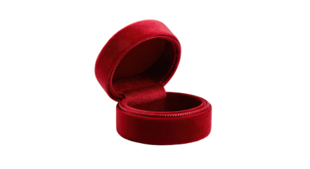Small, round, red velvet jewelry box, open
