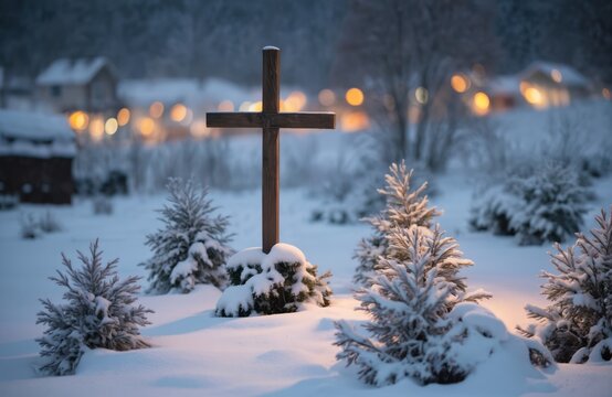 Serene winter landscape with wooden cross on snow. Black figure stands on grass, illuminated by soft glow. Snow-covered trees, bushes surround. House in background warm glow. Elevated angle provides
