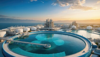Large circular water treatment facility encircled by body of water. Deep blue water ripples with purification process. Gray concrete pipes, tanks network. Mountainous landscape with soft orange hue,
