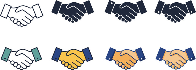 Collection of business handshake icons in various styles, flat vector illustration representing agreement, partnership, trust, teamwork, cooperation, communication