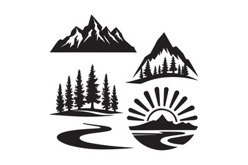 Collection of black and white mountain and nature scene silhouettes