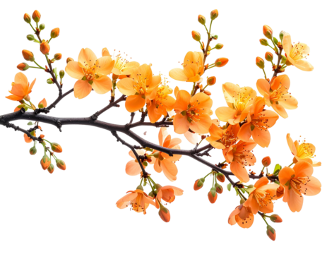  Curved Branch with Scattered Orange Blossoms and Buds, Minimal Botanical Style, isolated on transparent background PNG - Powered by Adobe