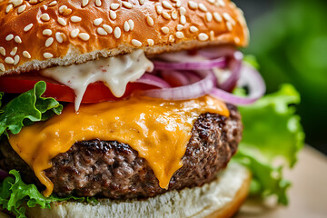 Delicious cheeseburger with fresh toppings. A juicy beef patty, melted cheese, crisp lettuce, ripe tomato, and red onions on a sesame seed bun.
