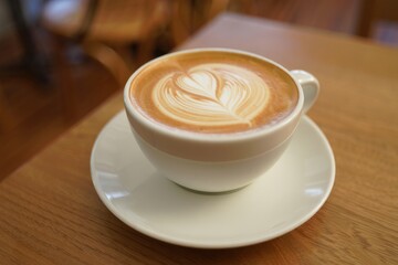Delicious cappuccino coffee with latte art on a wooden table