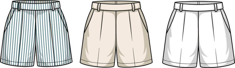 Striped and Solid High-Waist Women’s Shorts Vector Template with Front Views for Fashion Design Mockup and Apparel Branding Presentation