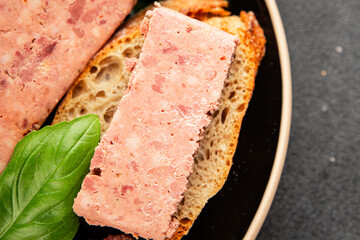 Pate meat peppers pork liver, pork meat riyet fresh delicious gourmet food background on the table rustic food top view copy space