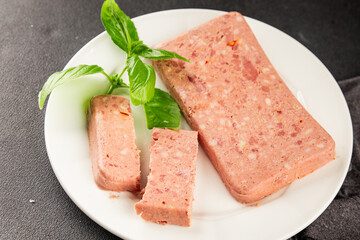 Pate meat peppers pork liver, pork meat riyet fresh delicious gourmet food background on the table rustic food top view copy space