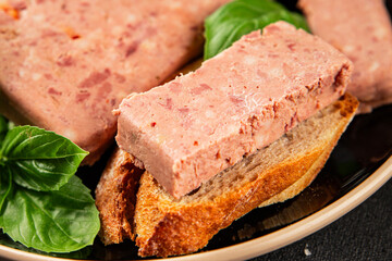 Pate meat peppers pork liver, pork meat riyet fresh delicious gourmet food background on the table rustic food top view copy space