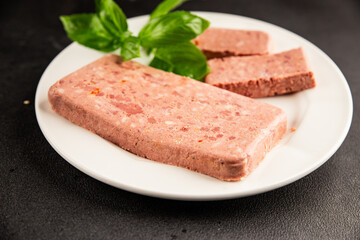 Pate meat peppers pork liver, pork meat riyet fresh delicious gourmet food background on the table rustic food top view copy space