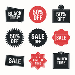 Vector Collection of Black and Red Sale Tags Featuring Discounts and Limited Time Offers for Black Friday Promotions