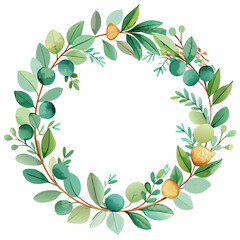 Watercolor eucalyptus wreath with green leaves and blue berries on white background