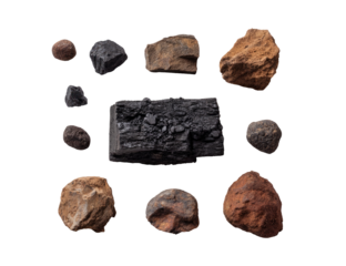 Assorted rocks and charcoal fragments.  Arrangement of various earth tones and dark charcoal